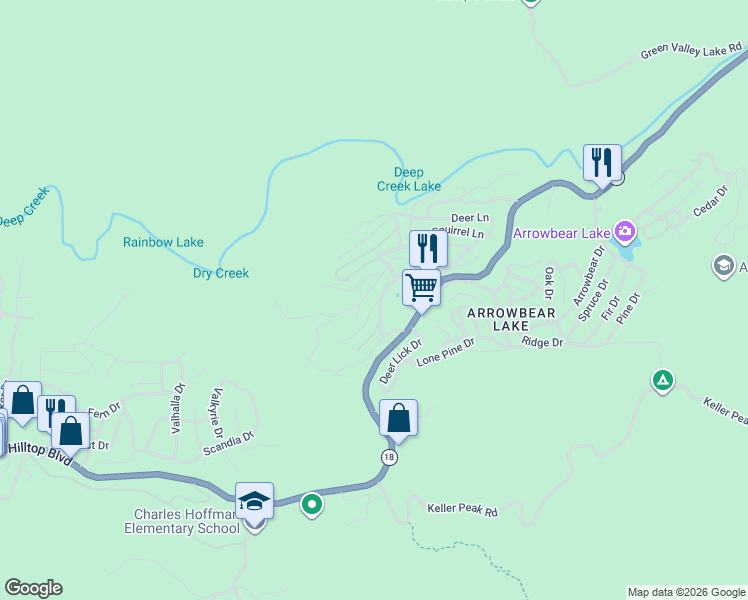 map of restaurants, bars, coffee shops, grocery stores, and more near 32769 Encina Drive in Running Springs
