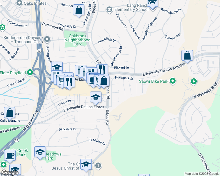 map of restaurants, bars, coffee shops, grocery stores, and more near 2203 Scenicpark Street in Thousand Oaks