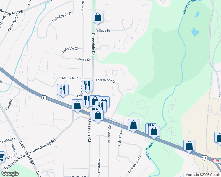 map of restaurants, bars, coffee shops, grocery stores, and more near 4 Huntcliff Drive in Cartersville