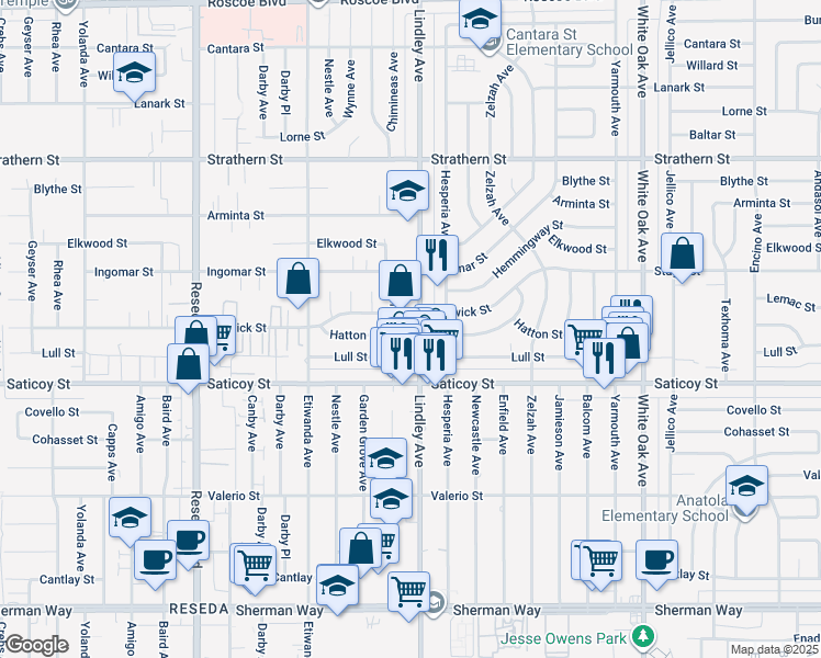 map of restaurants, bars, coffee shops, grocery stores, and more near 7659 Lindley Avenue in Los Angeles