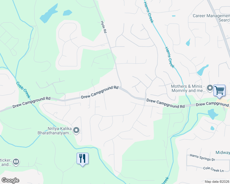 map of restaurants, bars, coffee shops, grocery stores, and more near 3835 Drew Campground Road in Cumming