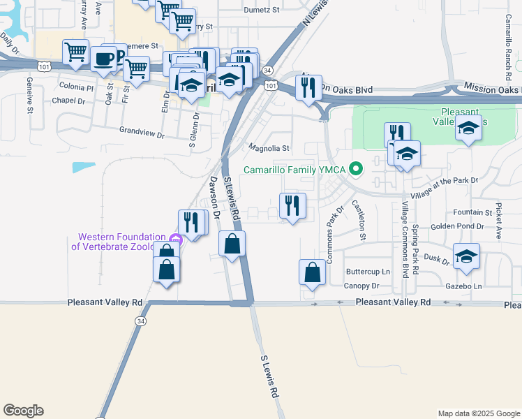 map of restaurants, bars, coffee shops, grocery stores, and more near 300 South Lewis Road in Camarillo