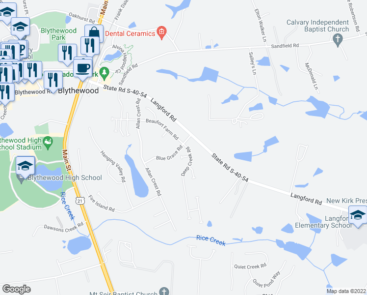map of restaurants, bars, coffee shops, grocery stores, and more near in Blythewood