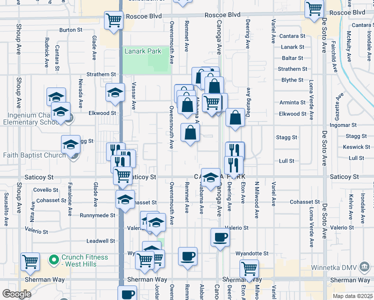 map of restaurants, bars, coffee shops, grocery stores, and more near 7705 Alabama Avenue in Los Angeles