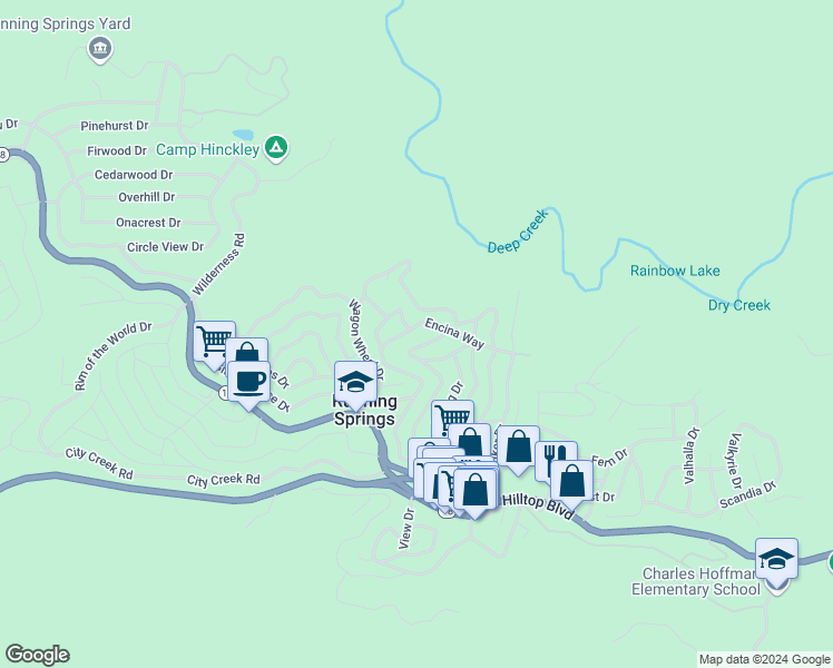 map of restaurants, bars, coffee shops, grocery stores, and more near 31938 Encina Way in Running Springs