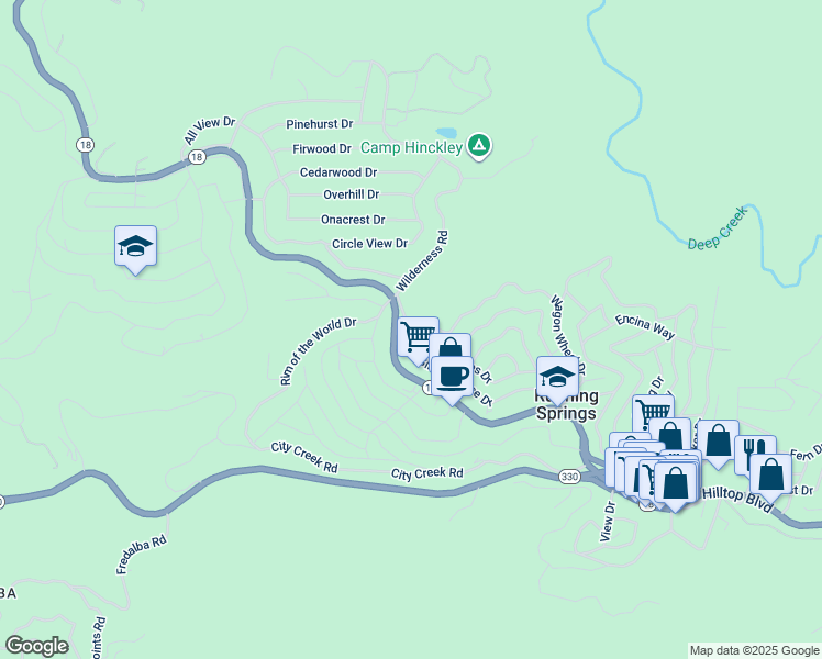 map of restaurants, bars, coffee shops, grocery stores, and more near 31502 Hilltop Boulevard in Running Springs