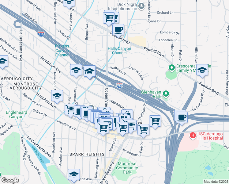 map of restaurants, bars, coffee shops, grocery stores, and more near 2258 Del Mar Road in La Crescenta-Montrose