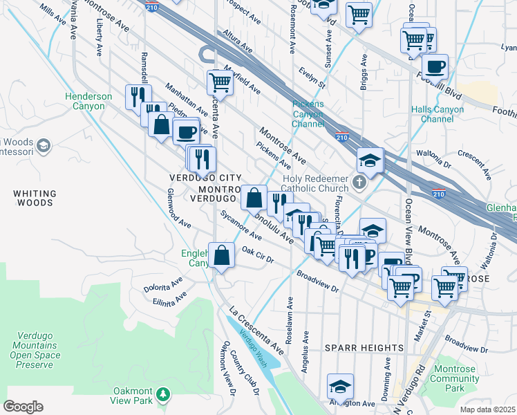 map of restaurants, bars, coffee shops, grocery stores, and more near 3810 Pleasure Way in Glendale