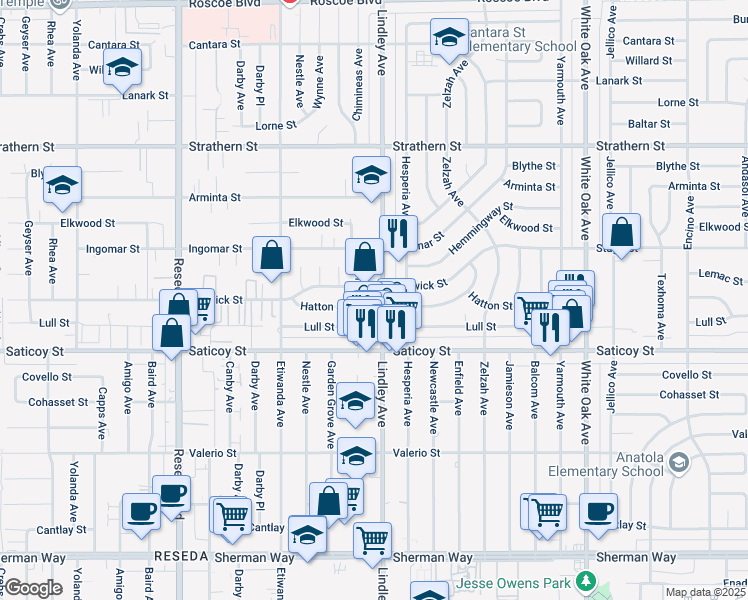 map of restaurants, bars, coffee shops, grocery stores, and more near 7708 Lindley Avenue in Los Angeles