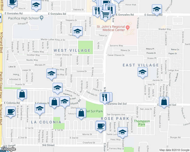map of restaurants, bars, coffee shops, grocery stores, and more near 1620 Licho Way in Oxnard