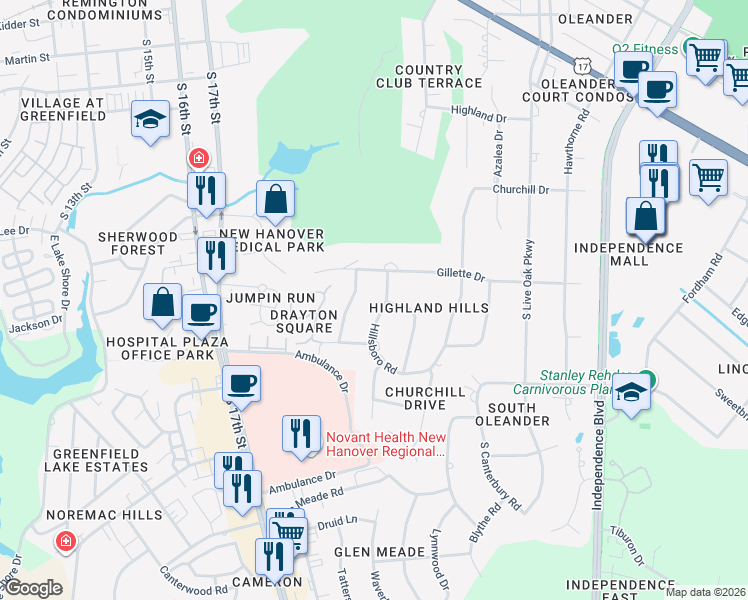 map of restaurants, bars, coffee shops, grocery stores, and more near 1905 Ashbrook Drive in Wilmington