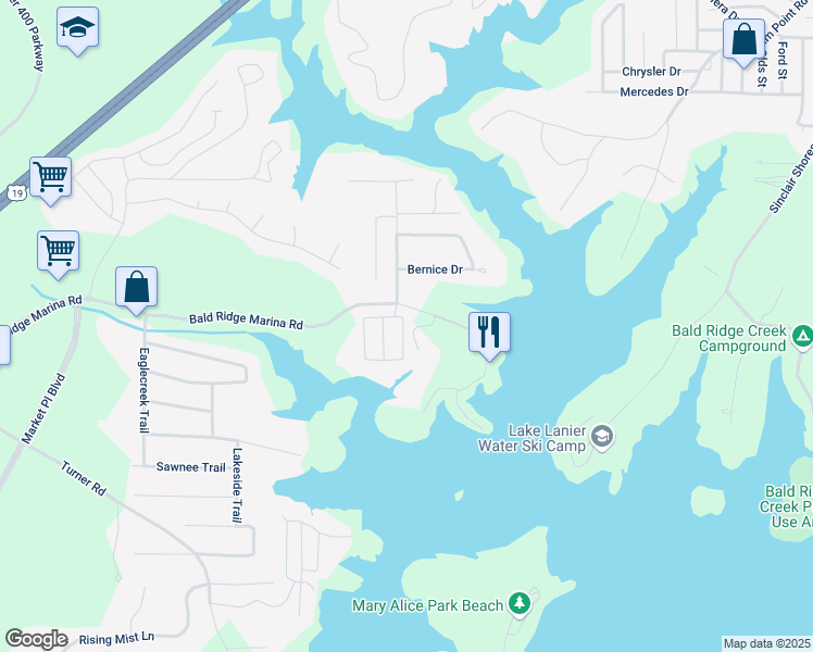 map of restaurants, bars, coffee shops, grocery stores, and more near 2100 Driftwood Circle in Cumming