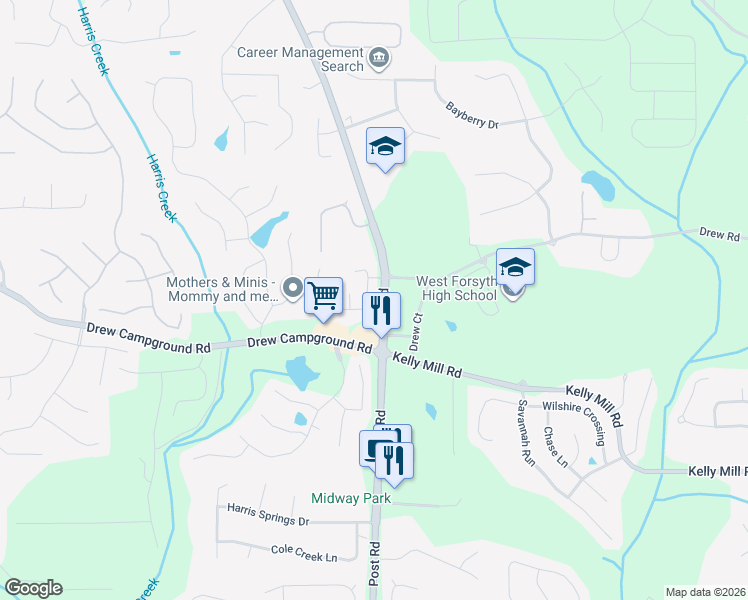 map of restaurants, bars, coffee shops, grocery stores, and more near 4930 Carriage Bridge Lane in Cumming