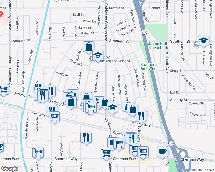 map of restaurants, bars, coffee shops, grocery stores, and more near 7701 Coldwater Canyon Avenue in Los Angeles