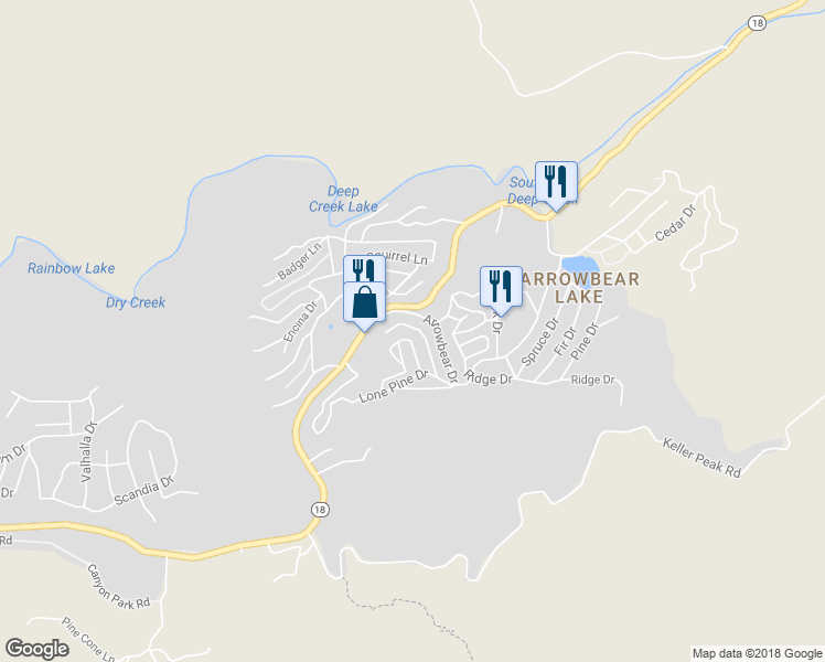 map of restaurants, bars, coffee shops, grocery stores, and more near 2386 Independence Lane in Big Bear