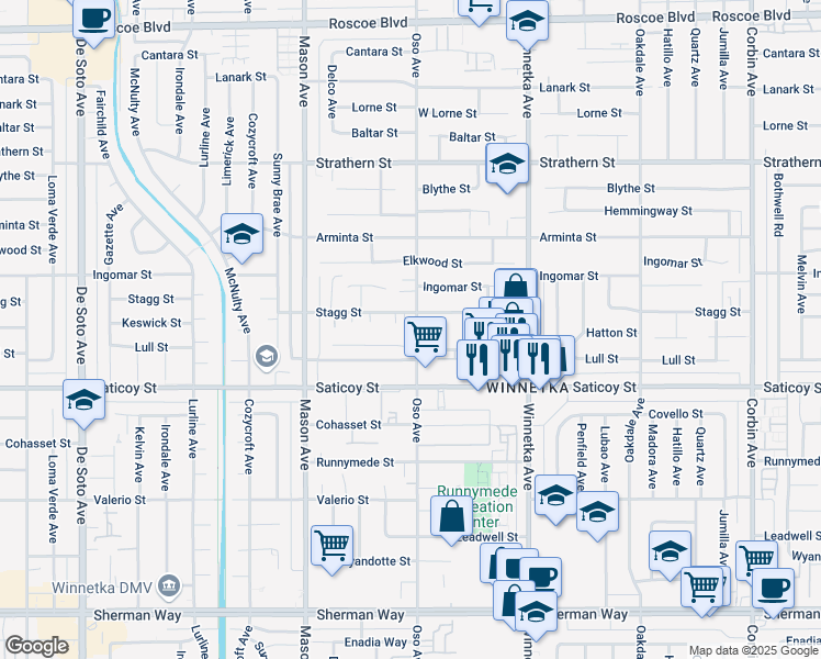 map of restaurants, bars, coffee shops, grocery stores, and more near 20254 Stagg Street in Los Angeles