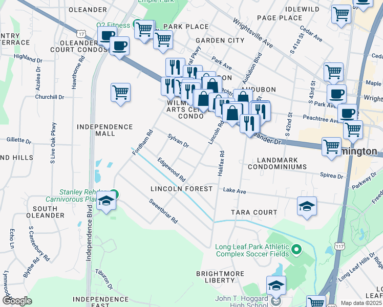 map of restaurants, bars, coffee shops, grocery stores, and more near 3851 Sylvan Drive in Wilmington