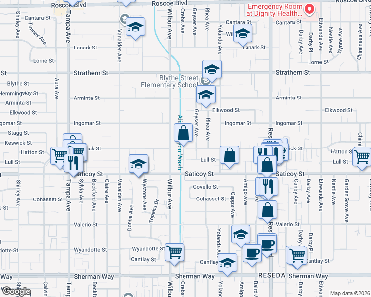 map of restaurants, bars, coffee shops, grocery stores, and more near Keswick Street in Los Angeles