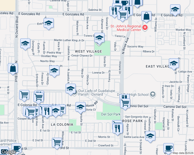 map of restaurants, bars, coffee shops, grocery stores, and more near 1432 Lorena Drive in Oxnard