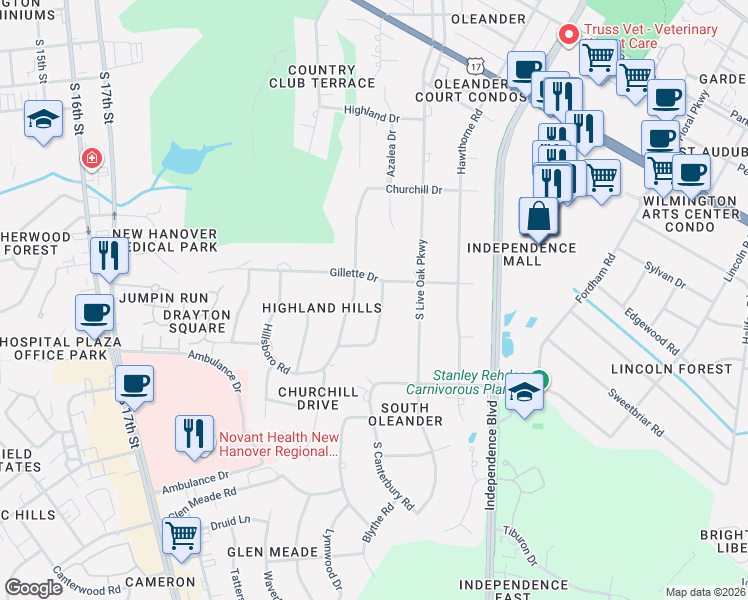 map of restaurants, bars, coffee shops, grocery stores, and more near 1915 South Churchill Drive in Wilmington