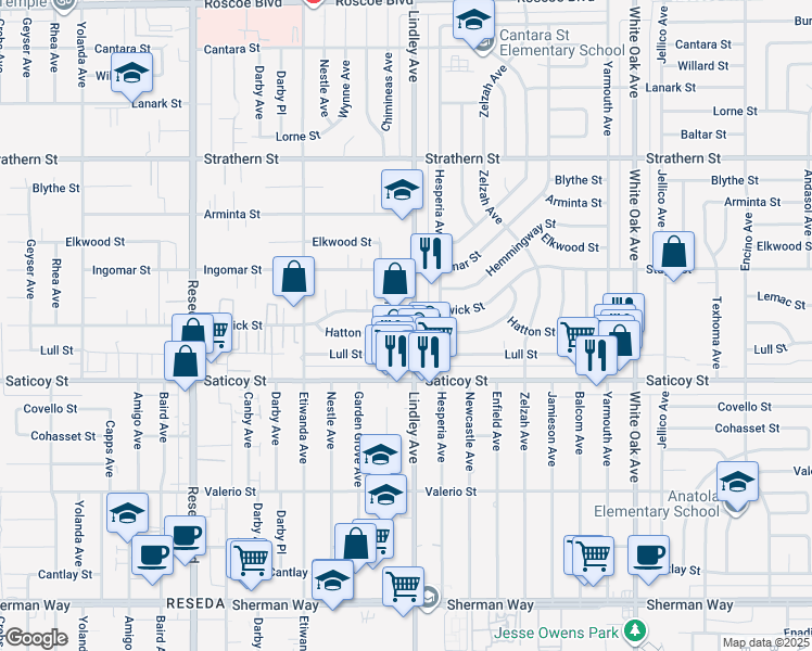 map of restaurants, bars, coffee shops, grocery stores, and more near 7659 Lindley Avenue in Los Angeles