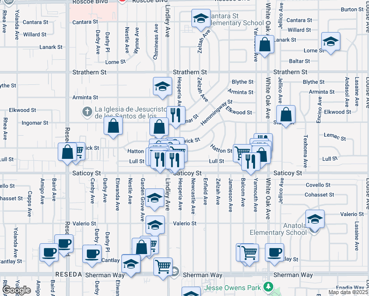 map of restaurants, bars, coffee shops, grocery stores, and more near 18021 Hatton Street in Los Angeles