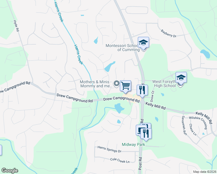 map of restaurants, bars, coffee shops, grocery stores, and more near 3635 Azurite Street in Cumming