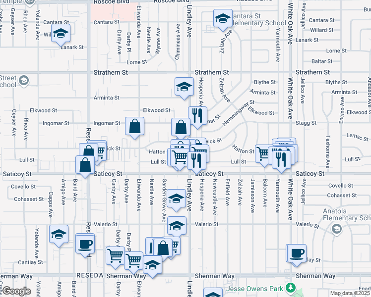 map of restaurants, bars, coffee shops, grocery stores, and more near 7659 Lindley Avenue in Los Angeles