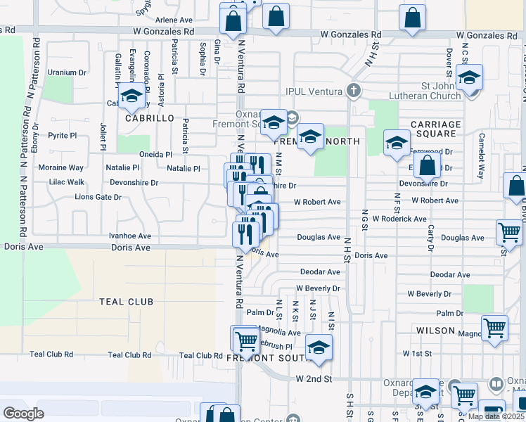 map of restaurants, bars, coffee shops, grocery stores, and more near 836 North Ventura Road in Oxnard
