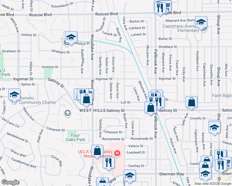 map of restaurants, bars, coffee shops, grocery stores, and more near 7701 Ducor Avenue in Los Angeles