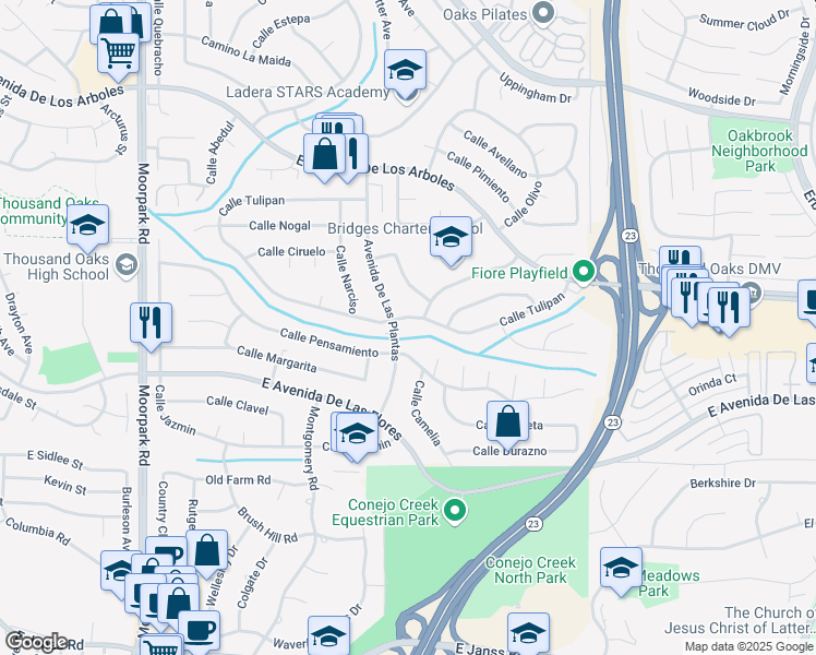 map of restaurants, bars, coffee shops, grocery stores, and more near 1224 Calle Tulipan in Thousand Oaks