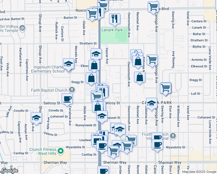 map of restaurants, bars, coffee shops, grocery stores, and more near 7700 Topanga Canyon Boulevard in Los Angeles