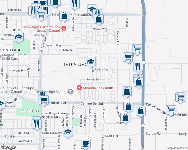 map of restaurants, bars, coffee shops, grocery stores, and more near 930 Kohala Street in Oxnard