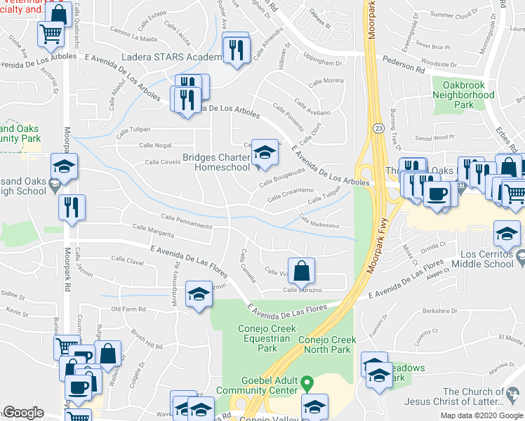 map of restaurants, bars, coffee shops, grocery stores, and more near 1299 Calle Tulipan in Thousand Oaks