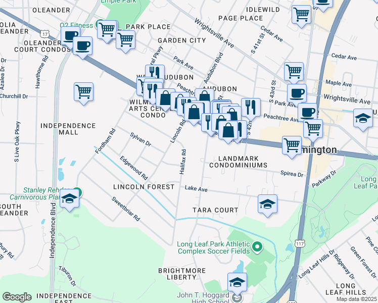map of restaurants, bars, coffee shops, grocery stores, and more near 3921 Halifax Road in Wilmington