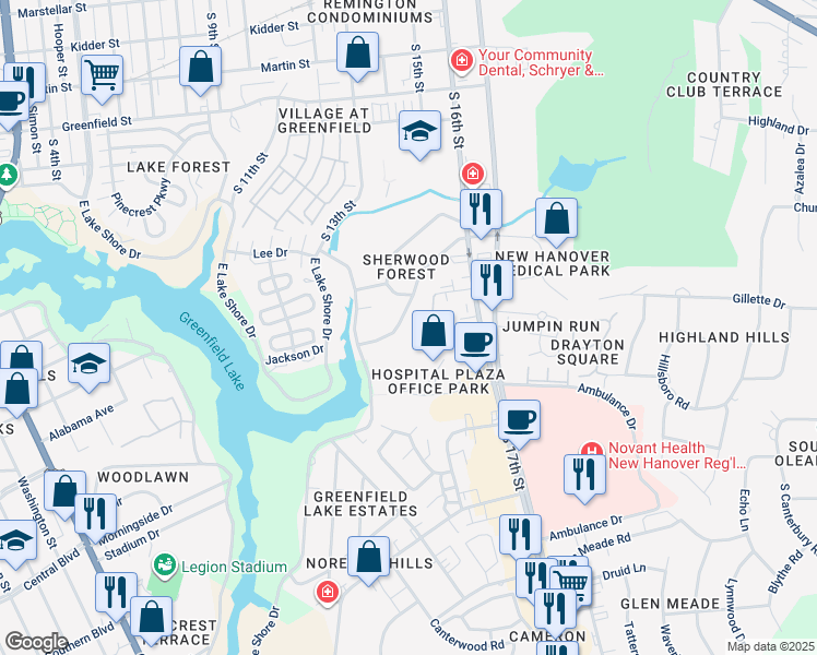 map of restaurants, bars, coffee shops, grocery stores, and more near 1402 Robinhood Road in Wilmington