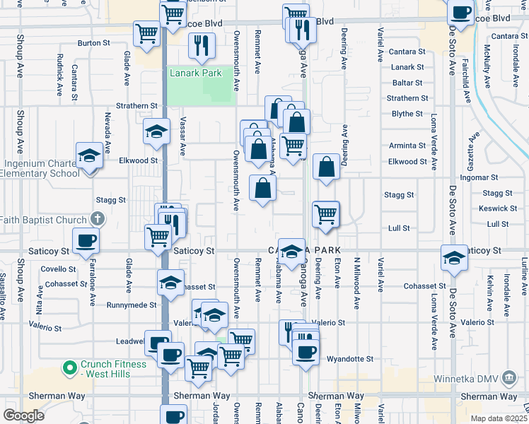 map of restaurants, bars, coffee shops, grocery stores, and more near 7705 Alabama Avenue in Los Angeles