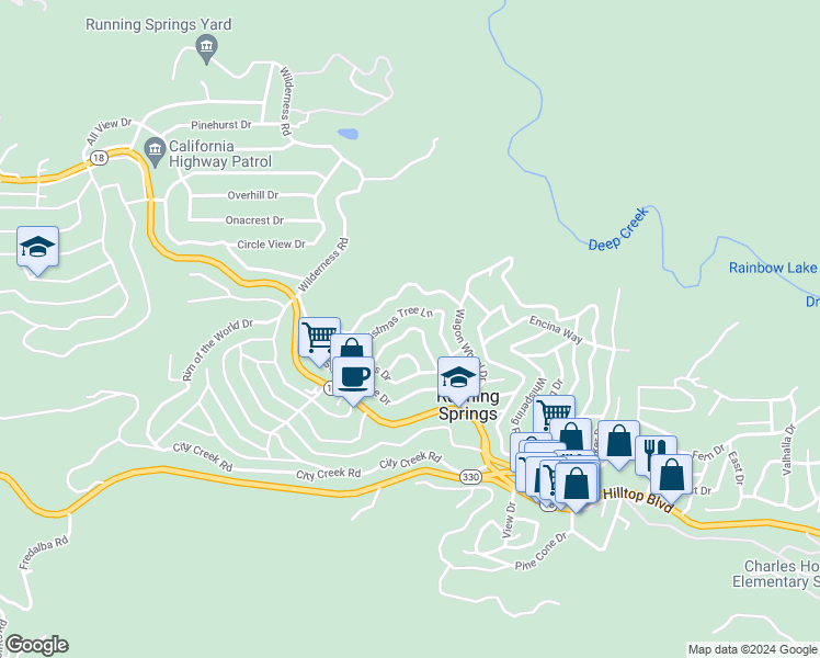 map of restaurants, bars, coffee shops, grocery stores, and more near Valley View Drive in Running Springs