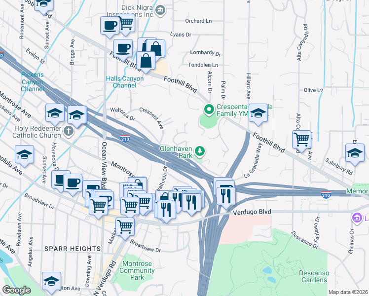 map of restaurants, bars, coffee shops, grocery stores, and more near 4339 Purtell Drive in La Cañada Flintridge