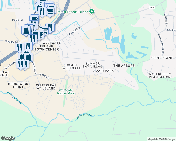 map of restaurants, bars, coffee shops, grocery stores, and more near 3754 Summer Bay Trail in Leland
