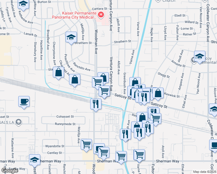 map of restaurants, bars, coffee shops, grocery stores, and more near 7700 Woodman Avenue in Los Angeles