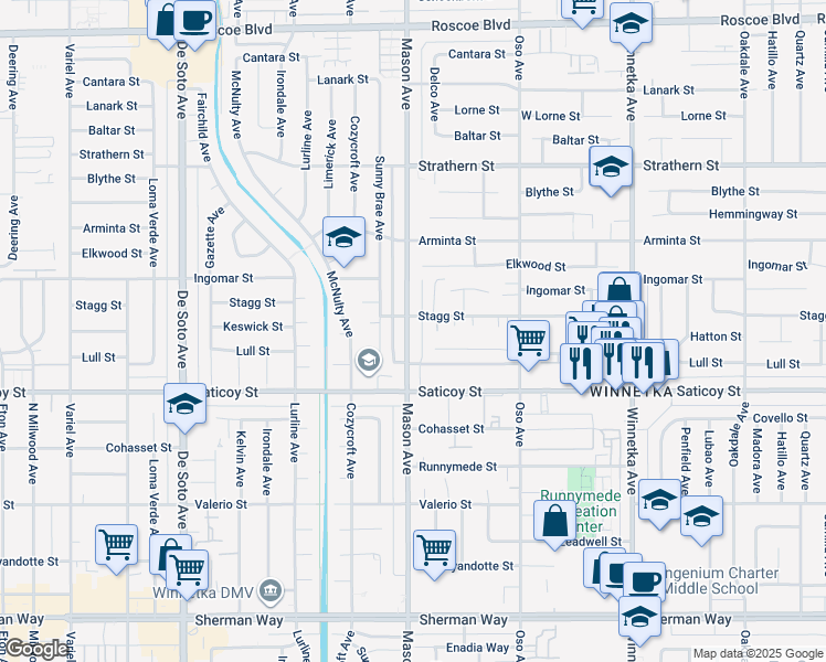 map of restaurants, bars, coffee shops, grocery stores, and more near 7702 Mason Avenue in Los Angeles