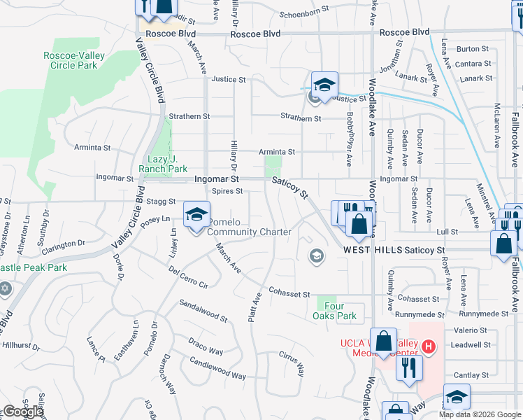 map of restaurants, bars, coffee shops, grocery stores, and more near 23419 Maestro Place in Los Angeles