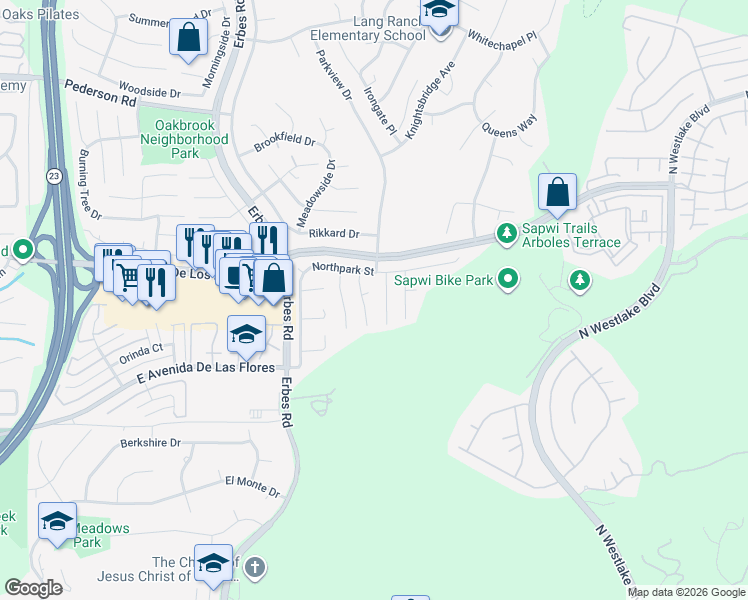 map of restaurants, bars, coffee shops, grocery stores, and more near 2206 Park Place in Thousand Oaks