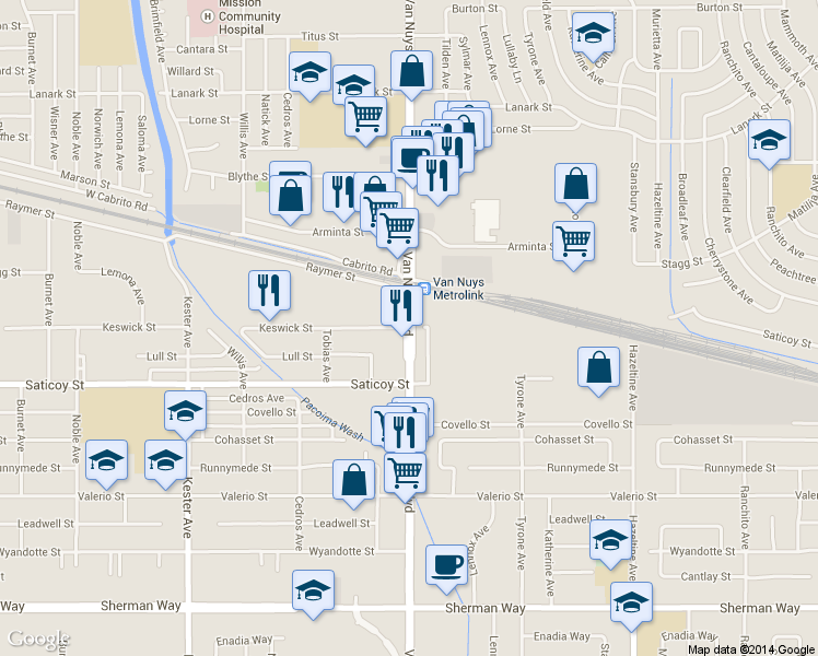 map of restaurants, bars, coffee shops, grocery stores, and more near in Los Angeles