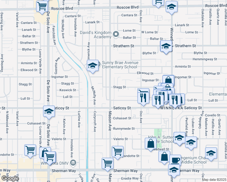 map of restaurants, bars, coffee shops, grocery stores, and more near 7702 Mason Avenue in Los Angeles