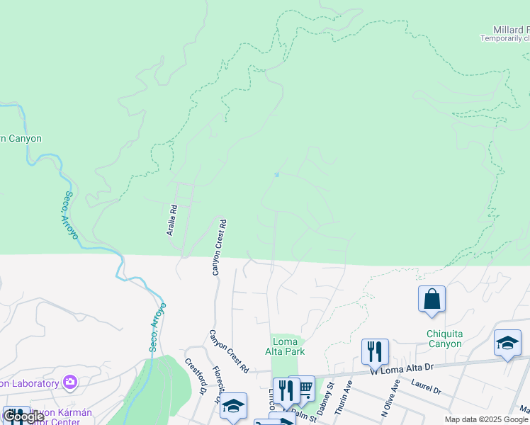 map of restaurants, bars, coffee shops, grocery stores, and more near 816 Millard Canyon Road in Altadena
