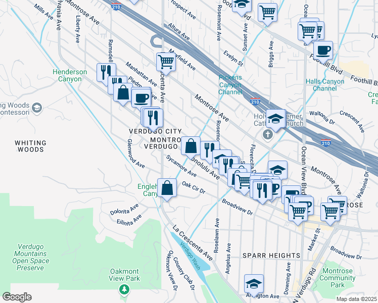 map of restaurants, bars, coffee shops, grocery stores, and more near 2677 Honolulu Avenue in Glendale