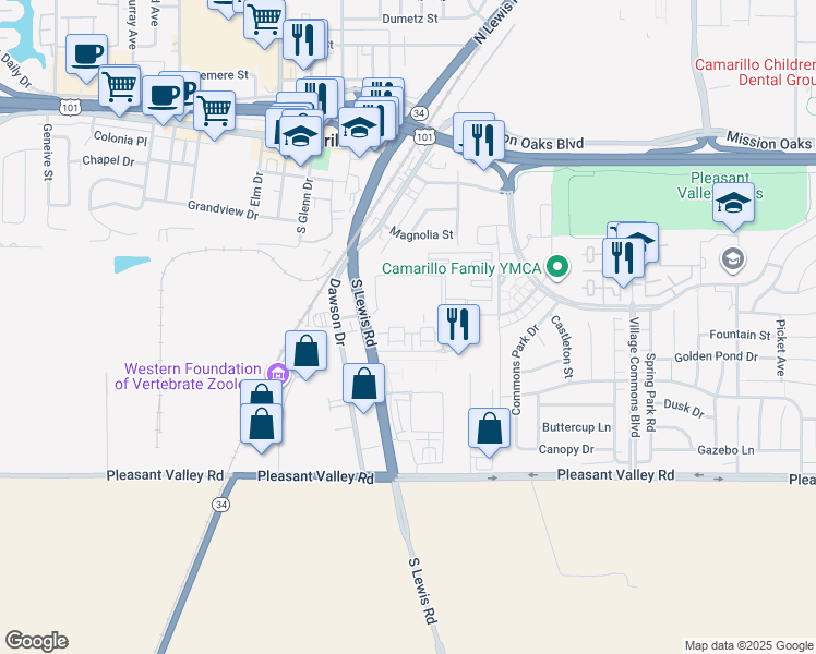map of restaurants, bars, coffee shops, grocery stores, and more near in Camarillo