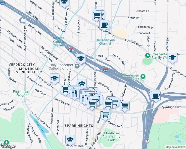 map of restaurants, bars, coffee shops, grocery stores, and more near 4127 Ocean View Boulevard in La Crescenta-Montrose